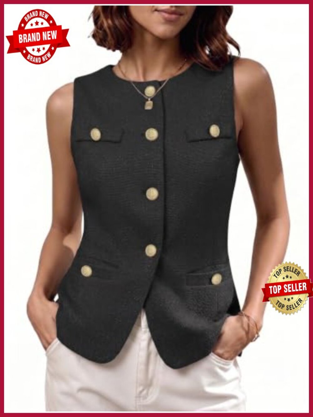 Tweed Vest Sleeveless Button Front Tops Tailored Casual